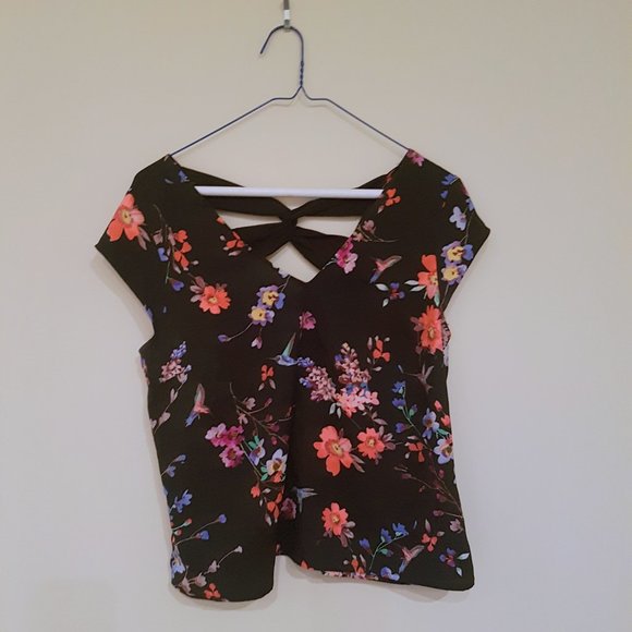 Express women's satin black floral blouse top, size small (S) - Picture 1 of 4